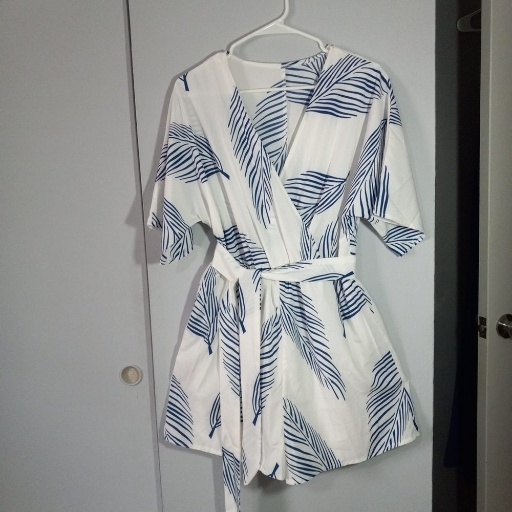 Hapsho White Romper with Navy Leaf Print and Elastic Waist And Tie Size L